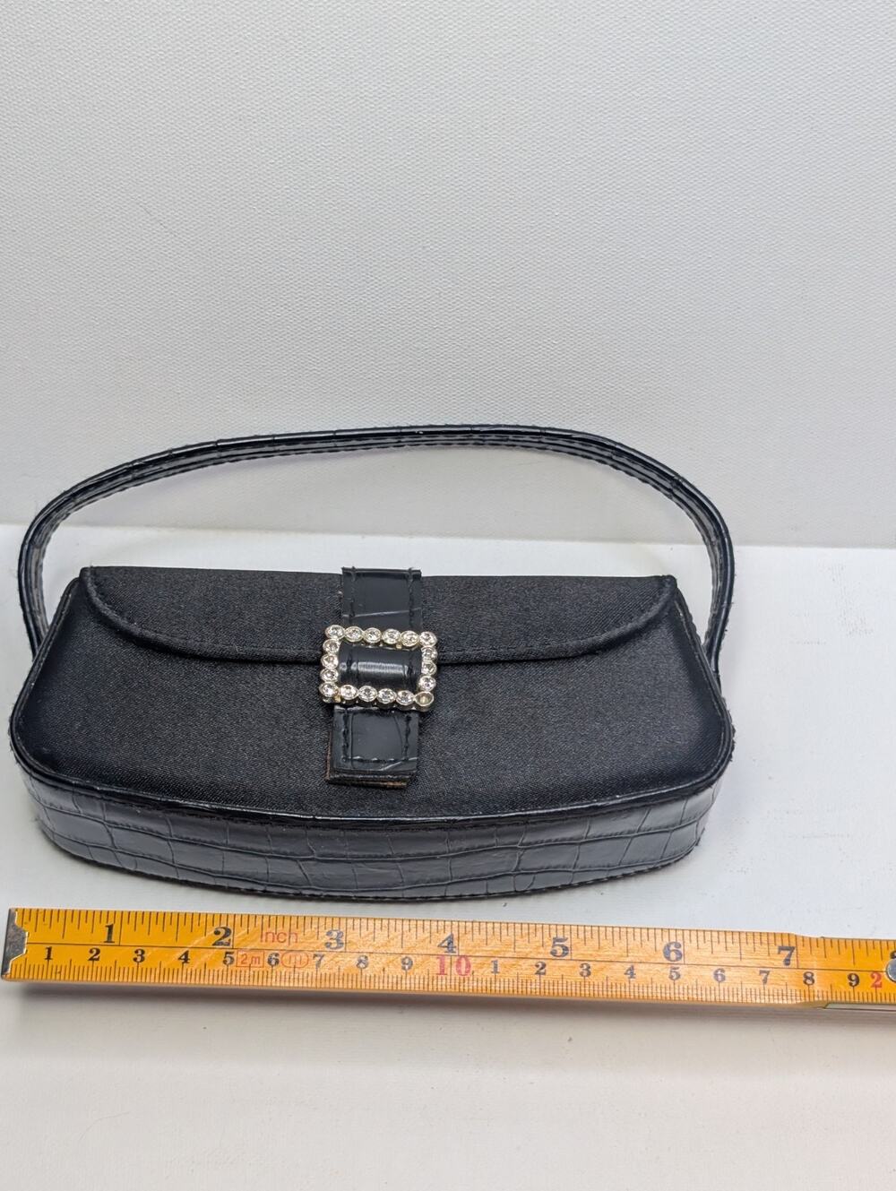 Y2K Black Satin Mini Baguette Handbag Rhinestone Buckle Shoulder Purse